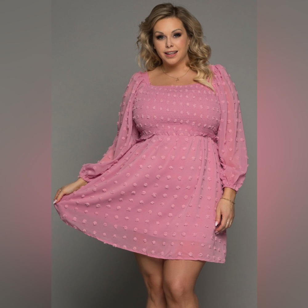 Pink Swiss Dot Smocked Puff Sleeve Plus Size Dress